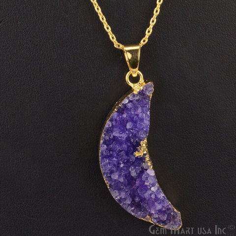 One Of A Kind Blue Rough Druzy 46x14mm Gold Electroplated 18 Inch Chain With Pendant - GemMartUSA