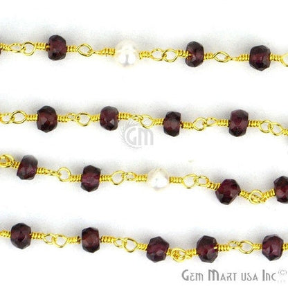 Garnet With Pearl Gold Plated Wire Wrapped Beads Rosary Chain - GemMartUSA