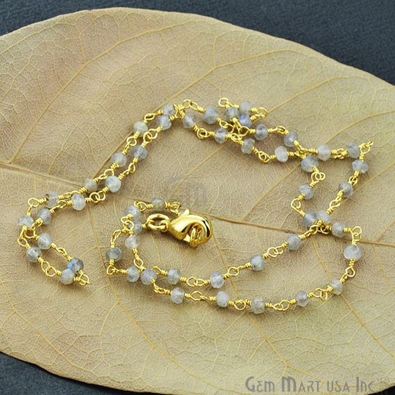 Natural Labradorite Necklace chain, 18 Inch Gold Plated Beaded Necklace Jewellery - GemMartUSA