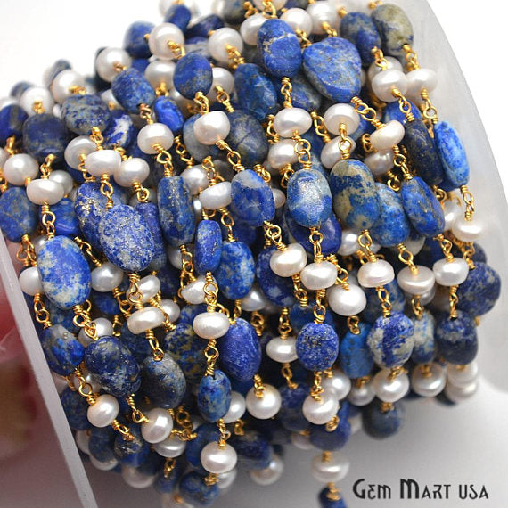 Lapis With Pearl Beads Chain, Gold Plated Wire Wrapped Rosary Chain - GemMartUSA (763905900591)