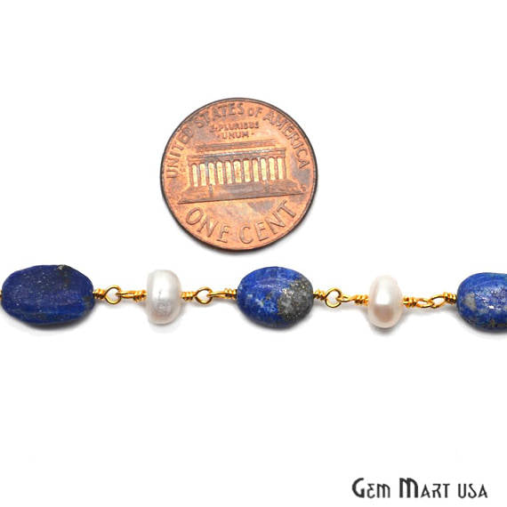 Lapis With Pearl Beads Chain, Gold Plated Wire Wrapped Rosary Chain - GemMartUSA (763905900591)