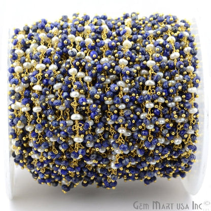 Lapis With Pearl Faceted Beads Gold Wire Wrapped Cluster Dangle Chain - GemmartUSA (764172763183)