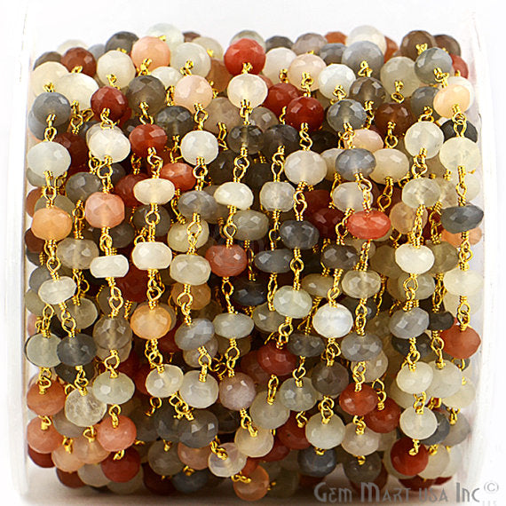 Multi Moonstone Beads Chain, Gold Plated Wire Wrapped Rosary Chain - GemMartUSA (763718991919)