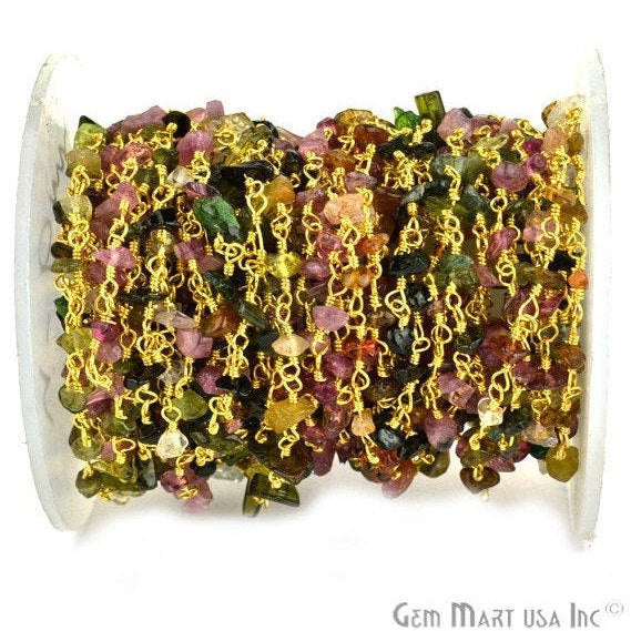 Tourmaline 4-6mm Nugget Chip Gold Wire Wrapped Rosary Chain - GemmartUSA (763939061807)