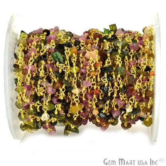 Tourmaline 4-6mm Nugget Chip Gold Wire Wrapped Rosary Chain - GemmartUSA (763939061807)