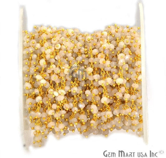 Rainbow Moonstone Faceted Beads Gold Wire Wrapped Cluster Dangle Rosary Chain - GemmartUSA (764181151791)