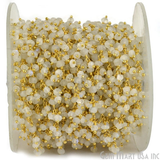 Rainbow Moonstone Cluster Dangle Chain, Gold Plated wire wrapped Beads Rosary Chain, Jewelry Making Supplies (GPRM-30021) - GemmartUSA (764181643311)
