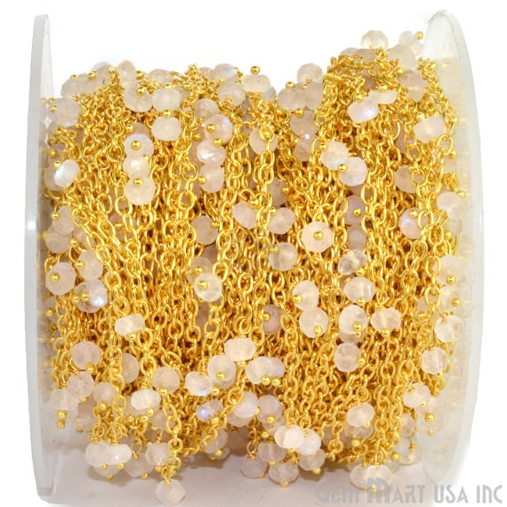 Natural Rainbow Moonstone Faceted Beads Gold Plated Cluster Rosary Chain - GemmartUSA (763792064559)