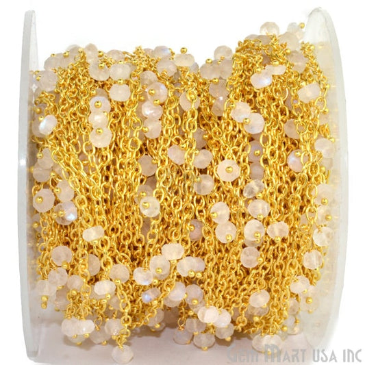 Natural Rainbow Moonstone Faceted Beads Gold Plated Cluster Rosary Chain - GemmartUSA (763792064559)