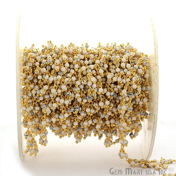 Howlite Faceted Beads Gold Wire Wrapped Cluster Dangle Rosary Chain - GemmartUSA (764182298671)
