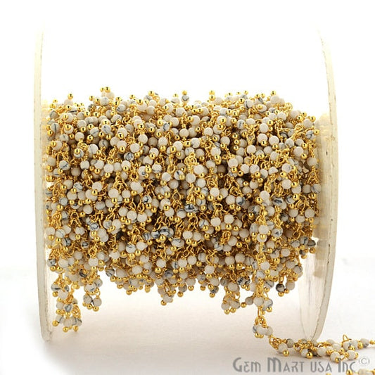 Howlite Faceted Beads Gold Wire Wrapped Cluster Dangle Rosary Chain - GemmartUSA (764182298671)