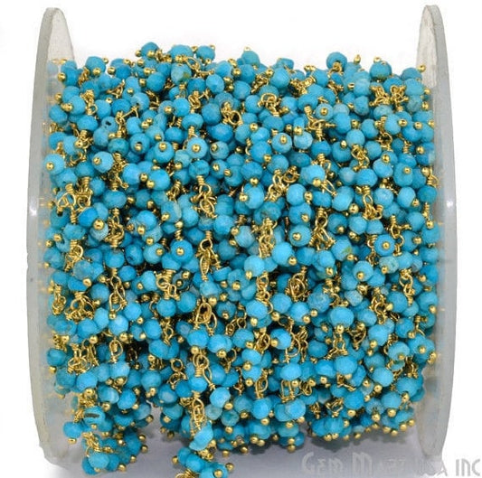Turquoise Faceted Beads Gold Wire Wrapped Rosary Dangle Chain - GemmartUSA (764183380015)