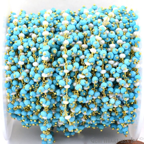 Turquoise With Pearl Cluster Beads Gold Plated Wire Wrapped Dangle Rosary Chain - GemmartUSA (764183838767)