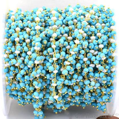 Turquoise With Pearl Cluster Beads Gold Plated Wire Wrapped Dangle Rosary Chain - GemmartUSA (764183838767)