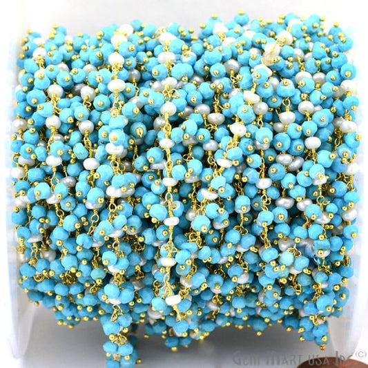 Turquoise With Pearl Cluster Beads Gold Plated Wire Wrapped Dangle Rosary Chain - GemmartUSA (764183838767)