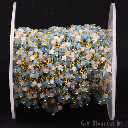 Blue & White chalcedony Gold Wire Wrapped Cluster Dangle Chain - GemmartUSA (764184166447)