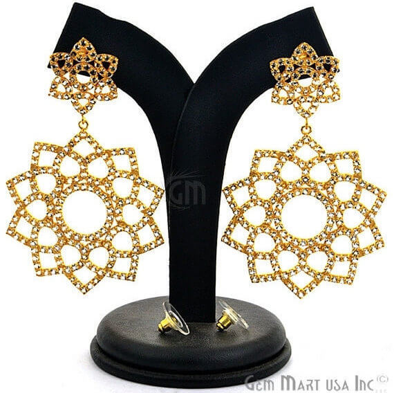 Gold Vermeil Studded With Micro Pave White Topaz 76x41mm Dangle Earring - GemMartUSA