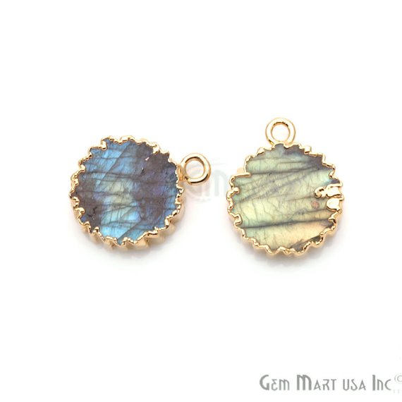 Labradorite 18x14mm Round Shape Single Bail Gold Plated Gemstone Connector Charm - GemMartUSA
