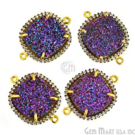 Druzy Cubic Zircon Pave 16mm Cushion Bezel Gemstone Connector (Pick Your Druzy Color, Prong Color) - GemMartUSA