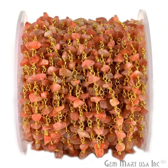 Sun Stone 4-6mm Nugget Chip Beads Gold Rosary Chain - GemmartUSA (763925168175)