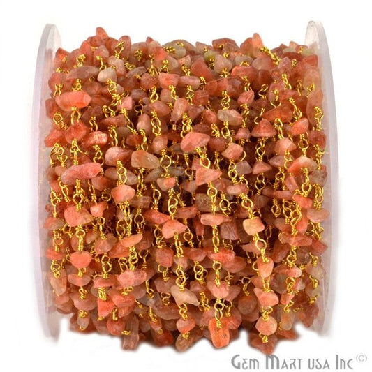 Sun Stone 4-6mm Nugget Chip Beads Gold Rosary Chain - GemmartUSA (763925168175)