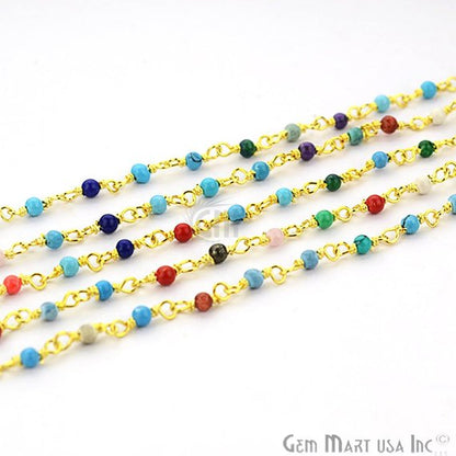 Multi Color Smooth 2-2.5mm Gold Plated Wire Wrapped Gemstone Beads Rosary Chain - GemMartUSA (764025241647)