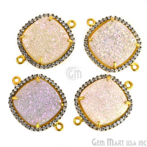 Druzy Cubic Zircon Pave 16mm Cushion Bezel Gemstone Connector (Pick Your Druzy Color, Prong Color) - GemMartUSA