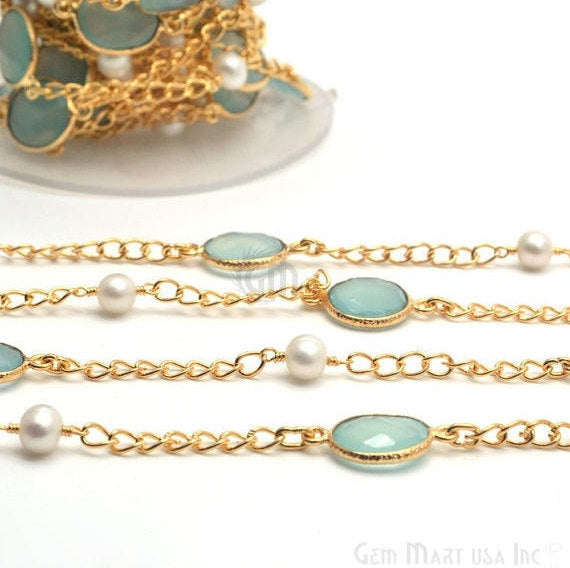 Aqua Chalcedony With Pearl 10mm Gold Plated Bezel Connector Chain - GemMartUSA (764195340335)