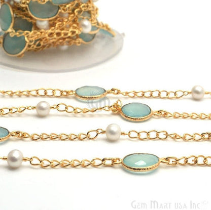 Aqua Chalcedony With Pearl 10mm Gold Plated Bezel Connector Chain - GemMartUSA (764195340335)