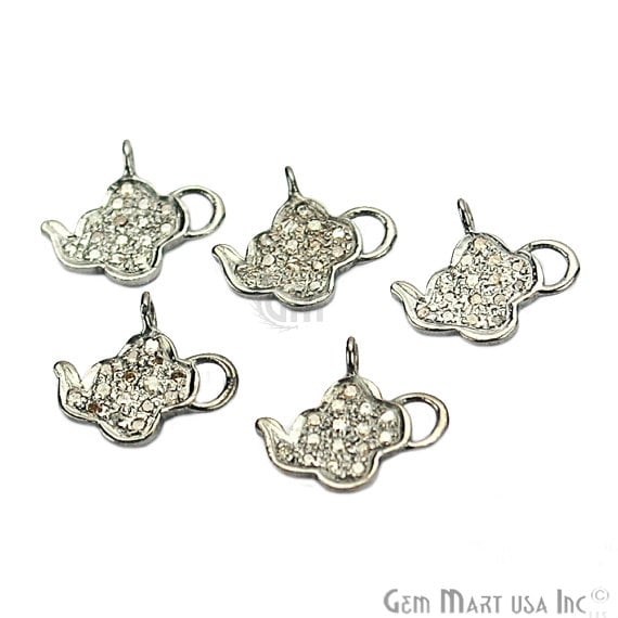 Tea Pot Shape 12x11mm Diamond Pave Single Bail Sterling Silver Charm for Bracelet & Pendant - GemMartUSA (755090653231)