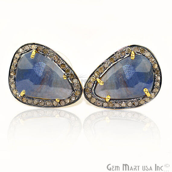 Sapphire & Natural Diamond 20x14mm Gold Vermeil Stud Earring - GemMartUSA