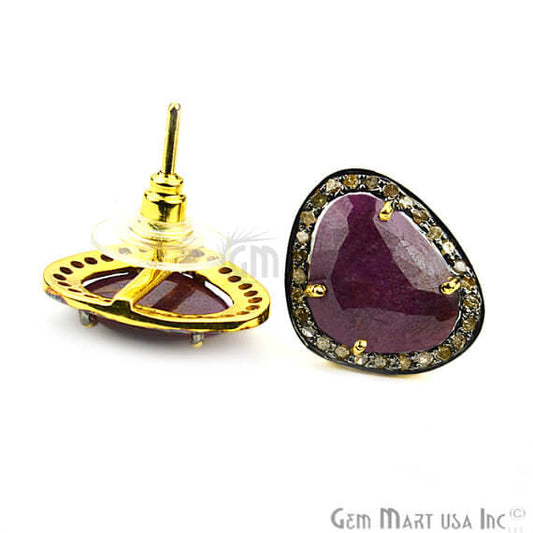 Red Sapphire & Natural Diamond 19x15mm Gold Vermeil Stud Earring - GemMartUSA