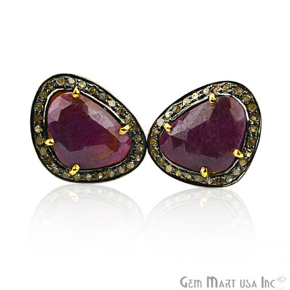 Red Sapphire & Natural Diamond 19x15mm Gold Vermeil Stud Earring - GemMartUSA