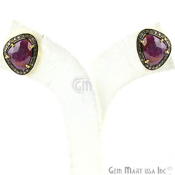 Red Sapphire & Natural Diamond 19x15mm Gold Vermeil Stud Earring - GemMartUSA