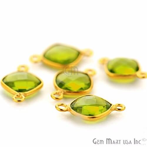Peridot Cushion Shape 8mm Gold Plated Double Bail Bezel Gemstone Connector - GemMartUSA