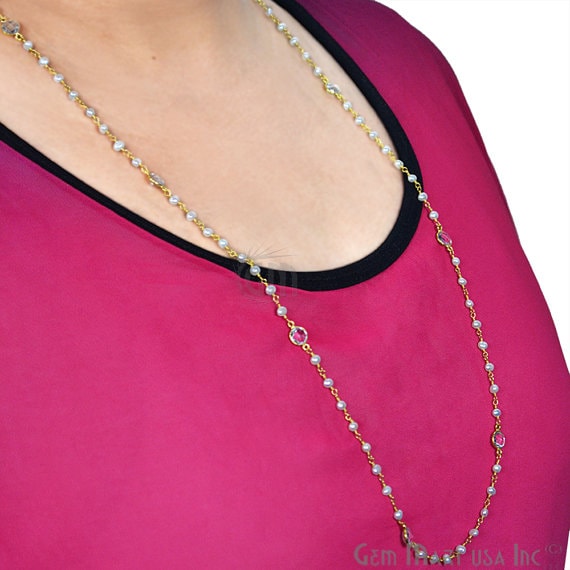 Pearl Necklace With Crystal Chain, 30 Inch Gold Plated Beaded Finished Necklace Jewellery - GemMartUSA