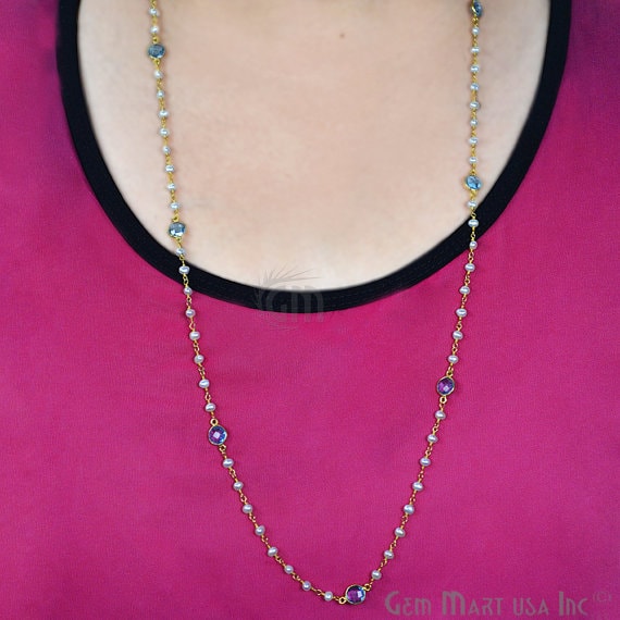 Pearl Necklace With Blue Topaz Chain, 30 Inch Gold Plated Beaded Finished Necklace - GemMartUSA