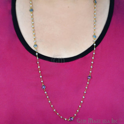 Pearl Necklace With Blue Topaz Chain, 30 Inch Gold Plated Beaded Finished Necklace - GemMartUSA