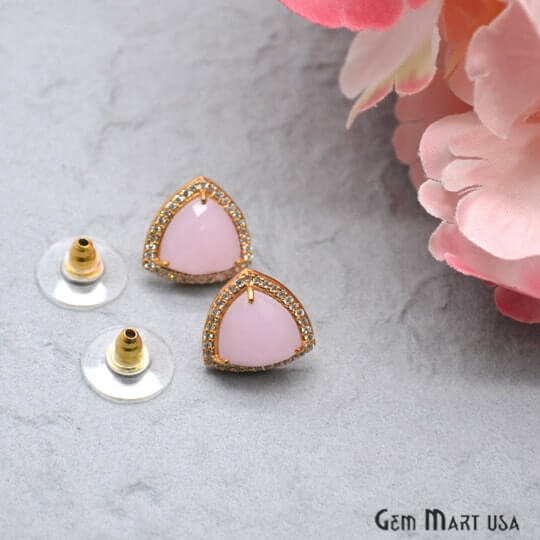 Rose Chalcedony Trillion 10mm Gold Plated Gemstone Stud Earring - GemMartUSA