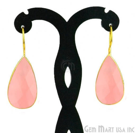 Rose Chalcedony 16x47mm Gold Plated Gemstone Dangle Earrings (RCER-90007) - GemMartUSA