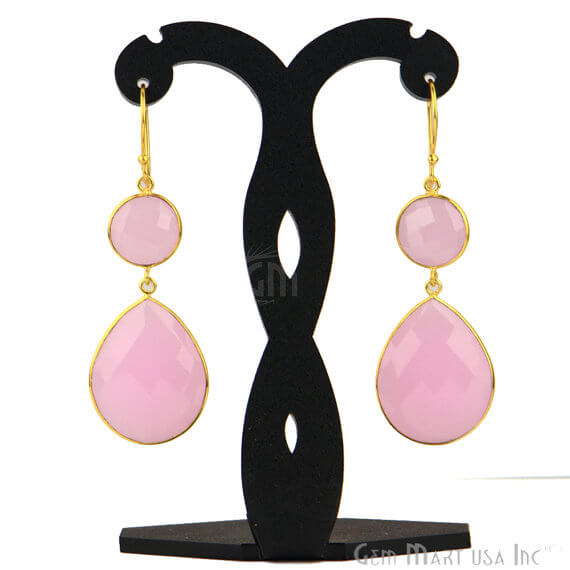 Rose Chalcedony 63x20mm Gold Plated Gemstone Dangle Earrings - GemMartUSA