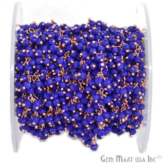 Dark Blue Chalcedony Faceted Beads Rose Gold Plated Cluster Dangle Rosary Chain - GemmartUSA (764184756271)
