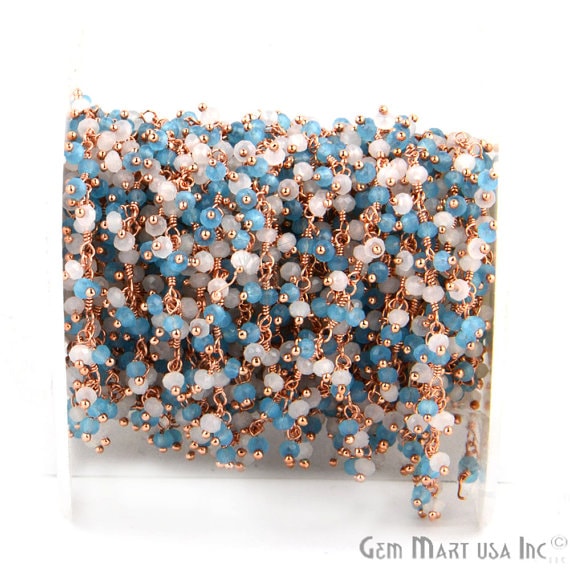White & Blue Chalcedony Faceted Beads Rose Gold Plated Dangle Rosary Chain - GemmartUSA (764185116719)