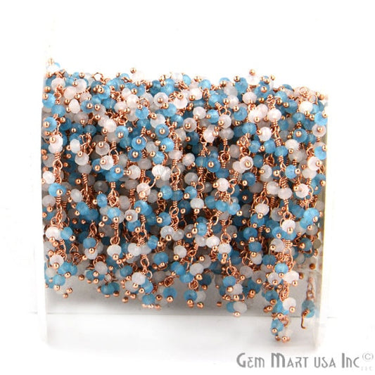 White & Blue Chalcedony Faceted Beads Rose Gold Plated Dangle Rosary Chain - GemmartUSA (764185116719)