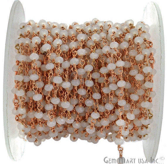 White Chalcedony Rose Gold Plated Wire Wrapped Beads Rosary Chain - GemMartUSA (763946532911)