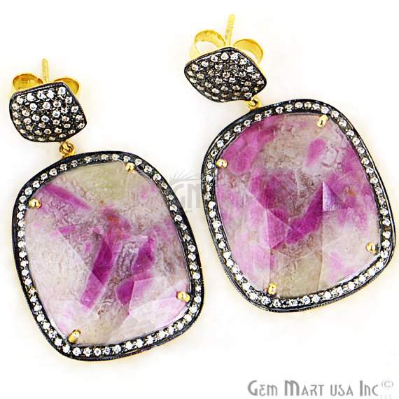 Beautiful Handmade Pink Sapphire Earring,Cz Pave Diamond Gold Vermeil Earring 46x27mm,(SHCZ-90099) - GemMartUSA (755061129263)