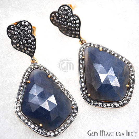 Blue Sapphire With Cubic Zirconia Pave Diamond 56x23mm,Gold Vermeil Dangle Drop Stud Earring - GemMartUSA