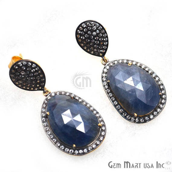 Blue Sapphire With Cubic Zirconia Pave Diamond 42x18mm,Gold Vermeil Dangle Drop Stud Earring - GemMartUSA