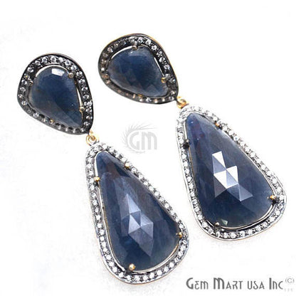 Blue Sapphire With Cubic Zirconia Pave Diamond 53x17mm,Gold Vermeil Dangle Drop Stud Earring - GemMartUSA