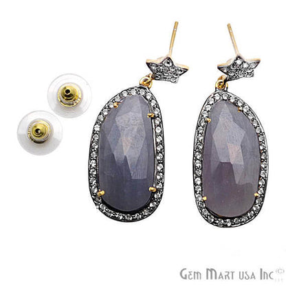 Blue Sapphire With Cubic Zirconia Pave Diamond 43x16mm,Gold Vermeil Dangle Drop Stud Earring - GemMartUSA